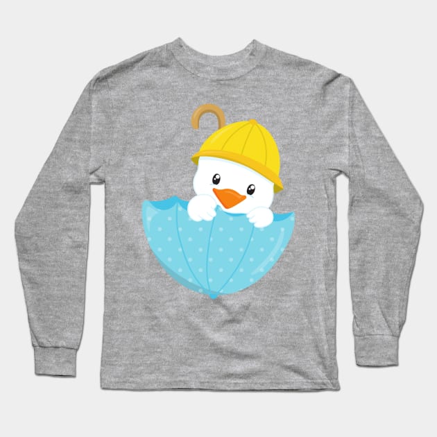 Cute Duck, Baby Duck, Duck With Umbrella, Rain Long Sleeve T-Shirt by Jelena Dunčević